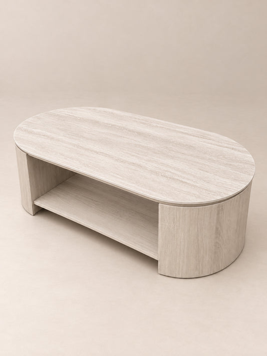 Japandi salontafel beige met keramisch blad en onderplank – 130 × 70 cm
