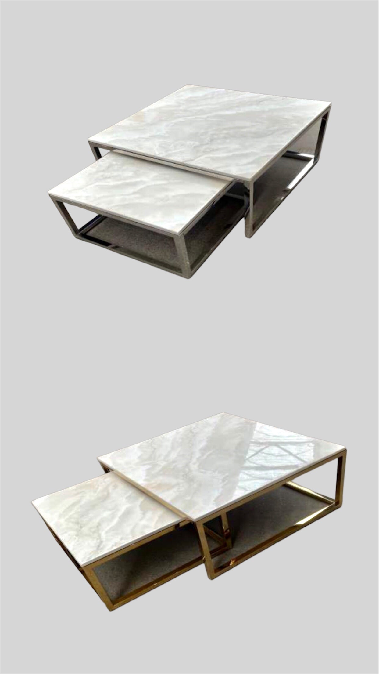 Wit/crème marmeren salontafel 2-delig/inschuifbaar goud vierkant
