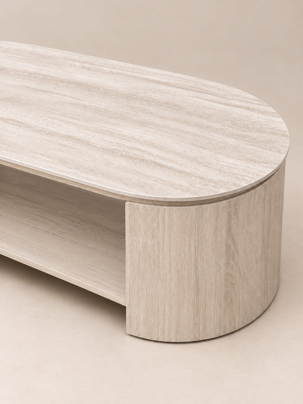 Japandi salontafel beige met keramisch blad en onderplank – 130 × 70 cm