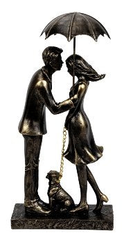 Sculptuur Paar met Hond en Paraplu - Goud en Zwart
