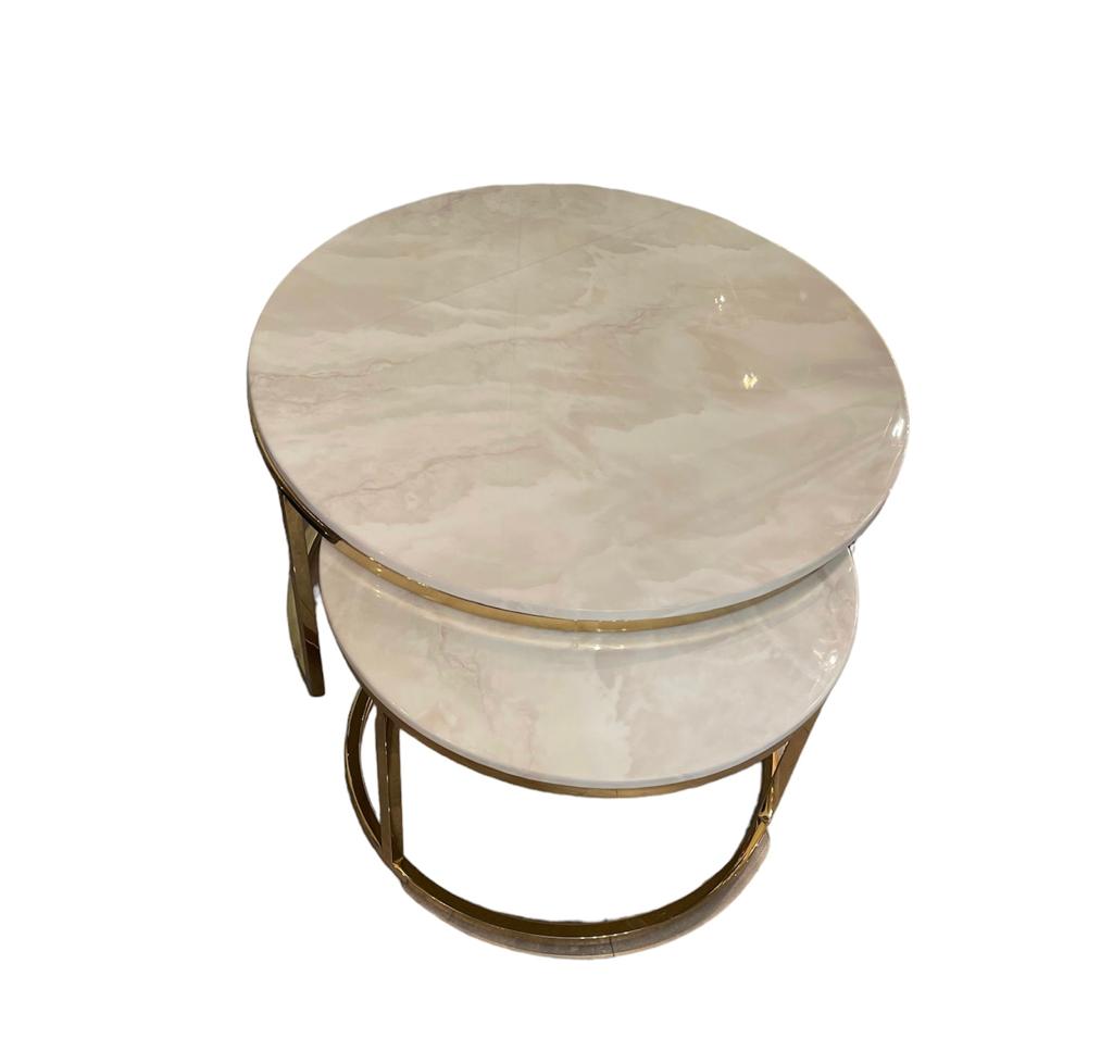 Marmeren salontafel inschuifbaar/wit/crème/zilver rond