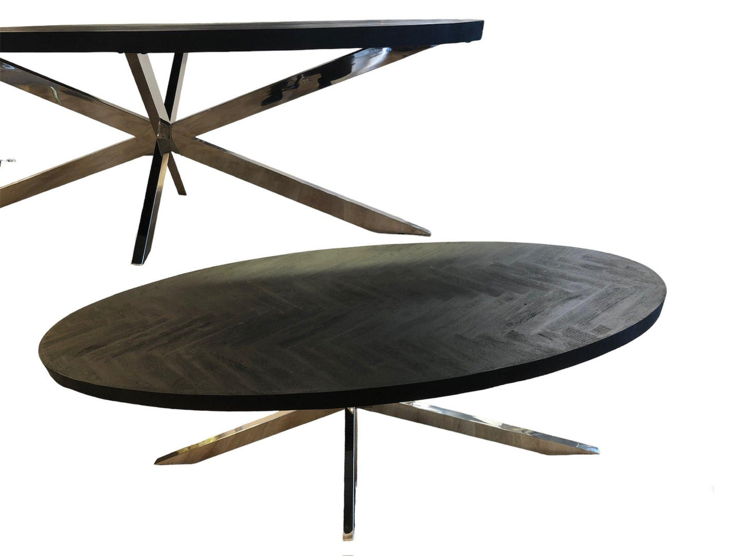 Tafel fishbone ovaal 240cm zwart/zilver