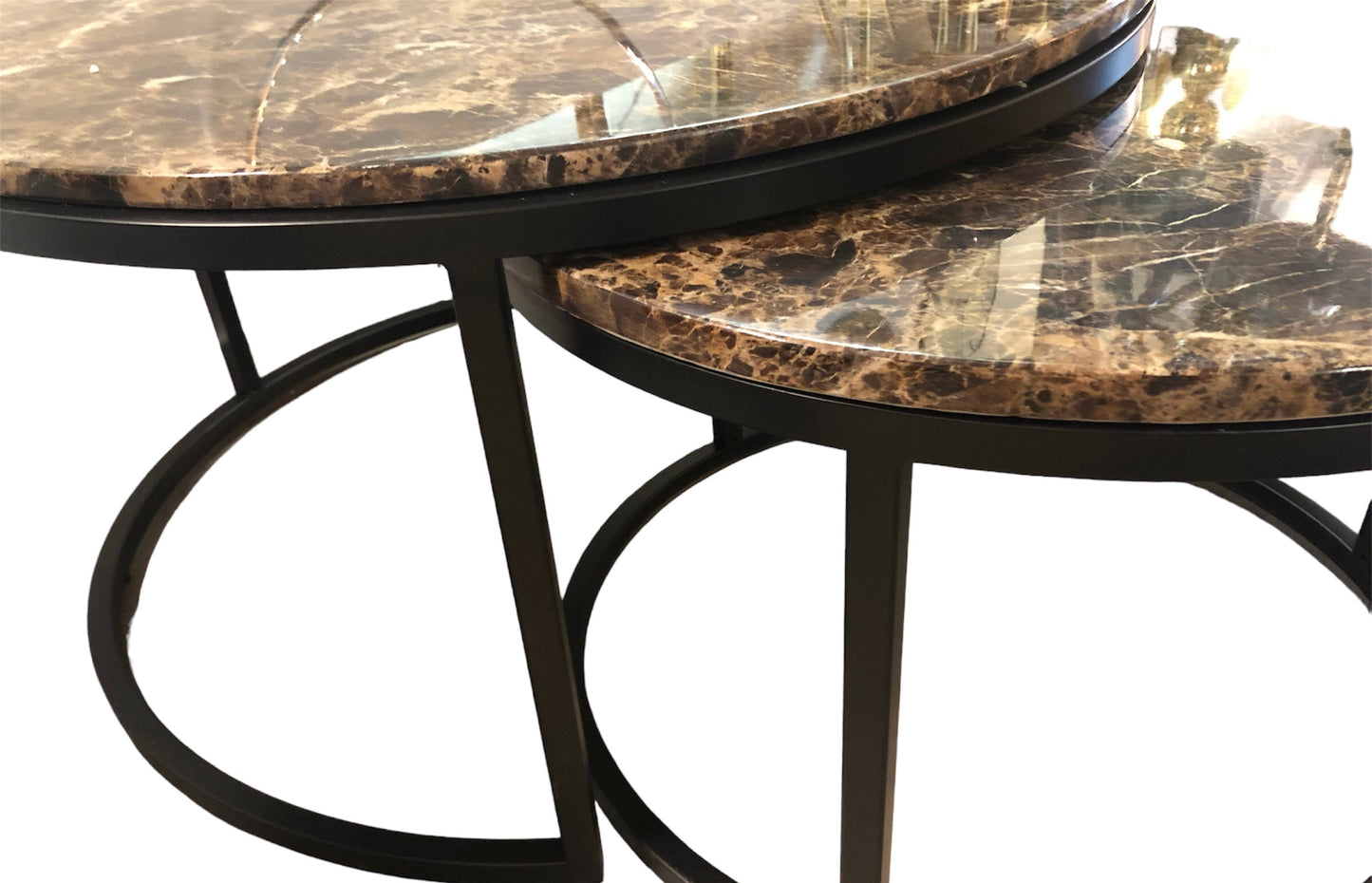 Salontafel 2-delig bruin marmer zilver rond