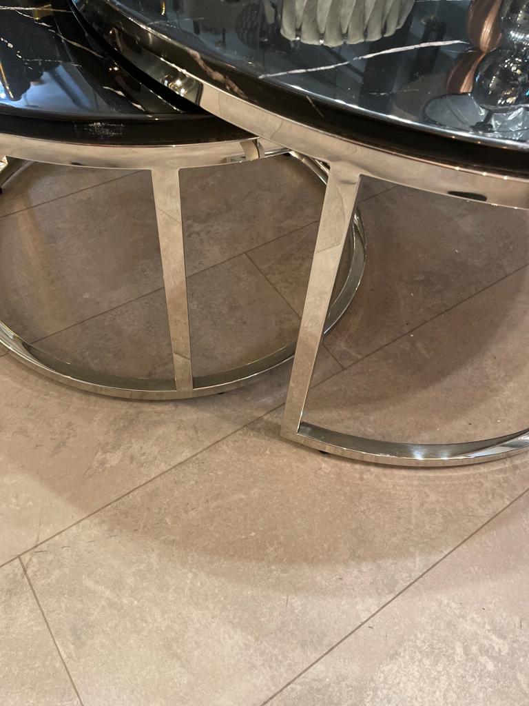 2-Delige Ronde Marmeren Salontafel (zwart/zilver)Ø80/60cm