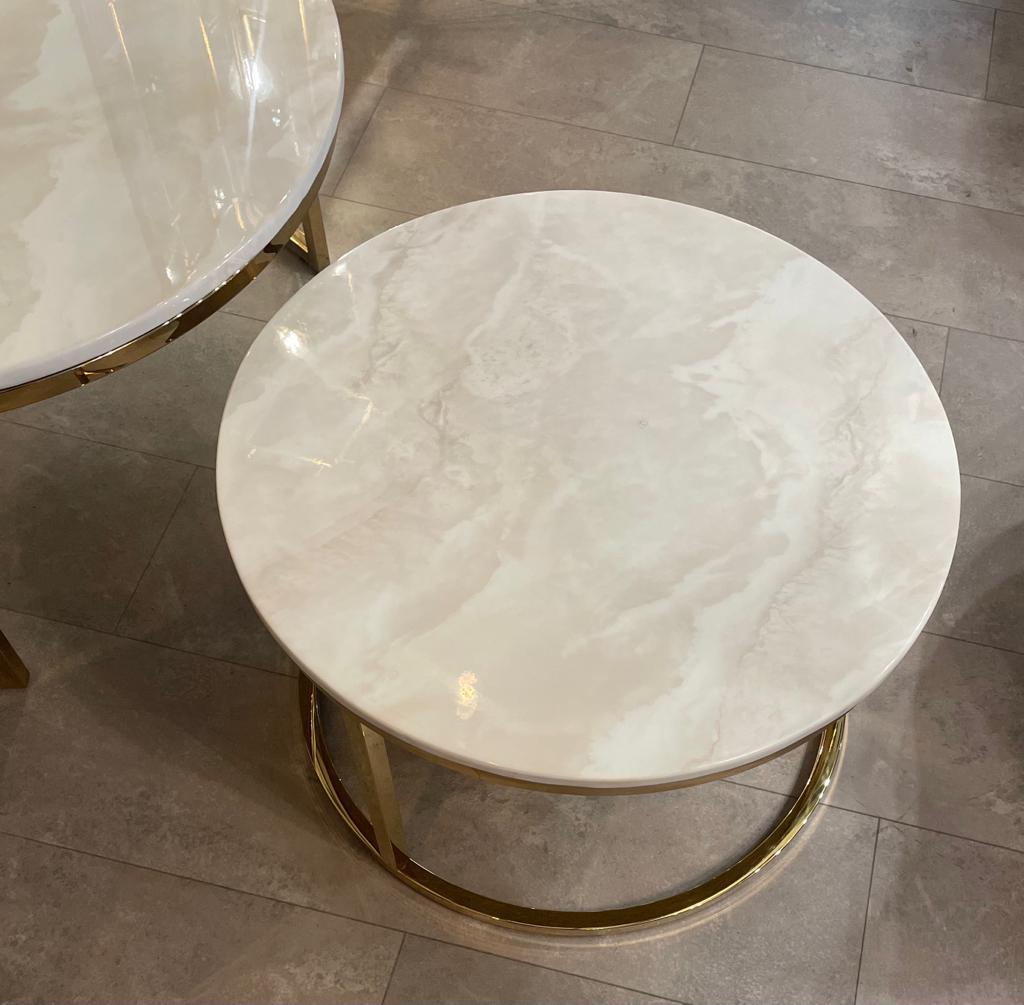 Marmeren salontafel inschuifbaar/wit/crème/zilver rond