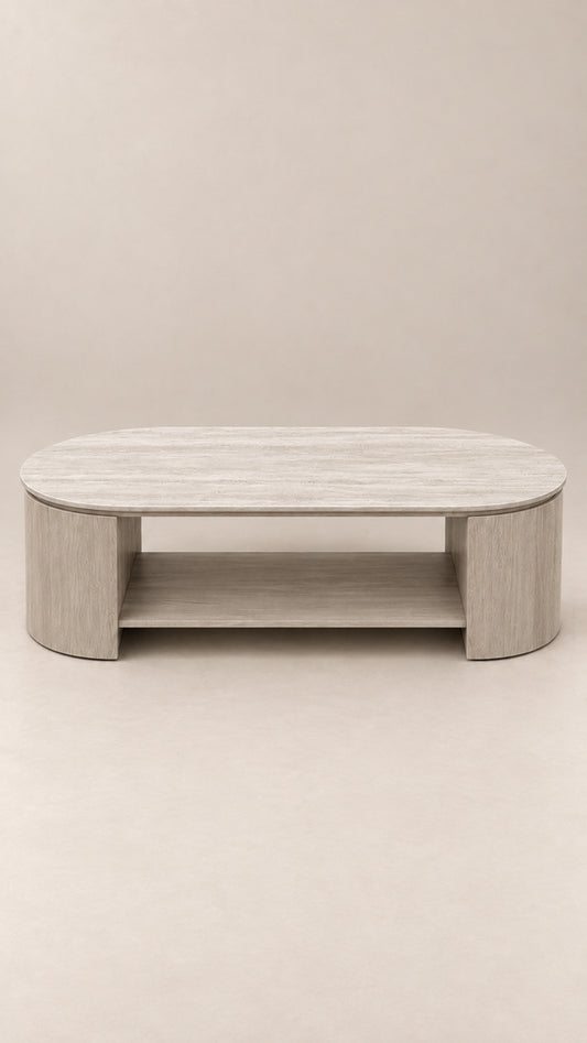 Japandi salontafel beige met keramisch blad en onderplank – 130 × 70 cm