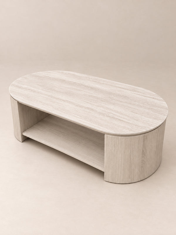 Japandi salontafel beige met keramisch blad en onderplank – 130 × 70 cm