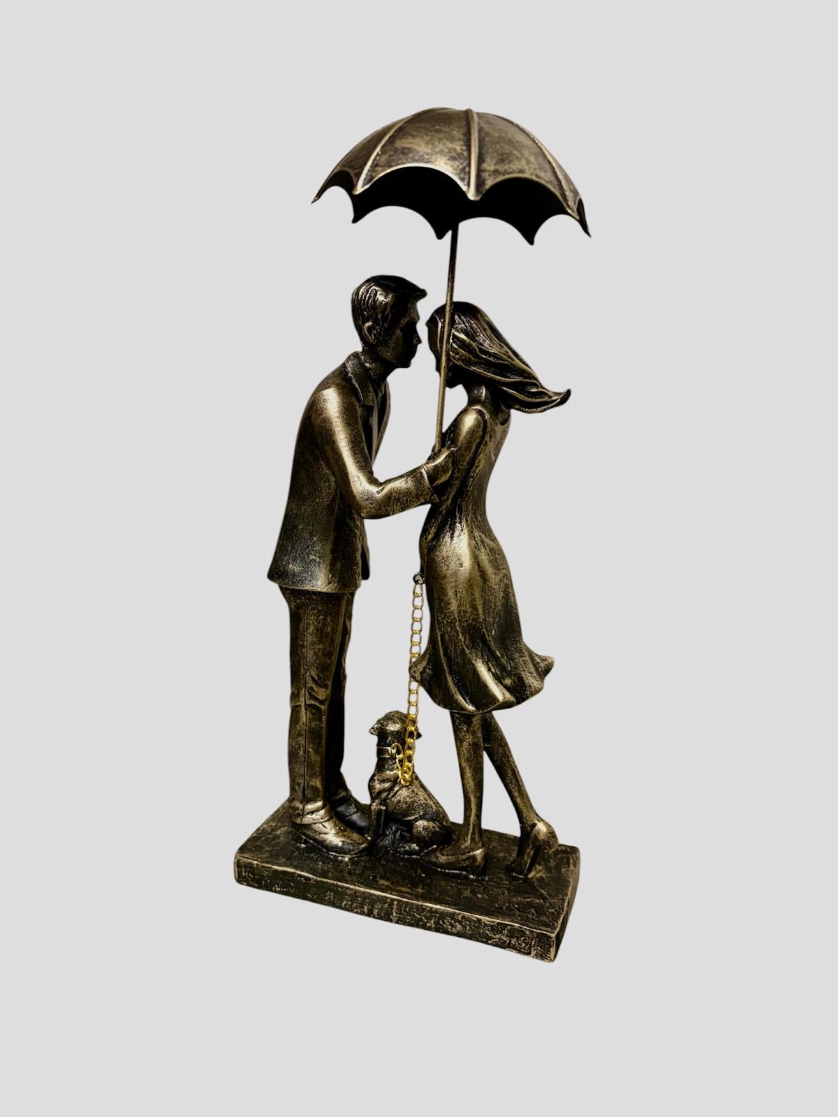 Sculptuur Paar met Hond en Paraplu - Goud en Zwart