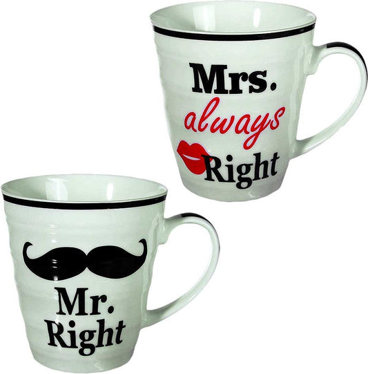 Koffiebeker set - Mr Right en Mrs Always Right - koffiemok - Huwelijk/Bruiloft/Valentijnsdag- cadeautje Mr. & Mrs. Right bekers - Beker - 2 Stuks