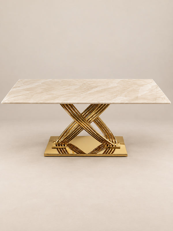 Beige marmeren eettafel 180 × 90 cm met goudkleurig RVS onderstel – Hotel chic