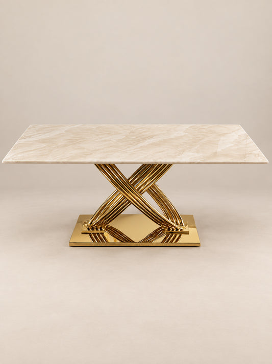 Beige marmeren eettafel 180 × 90 cm met goudkleurig RVS onderstel – Hotel chic