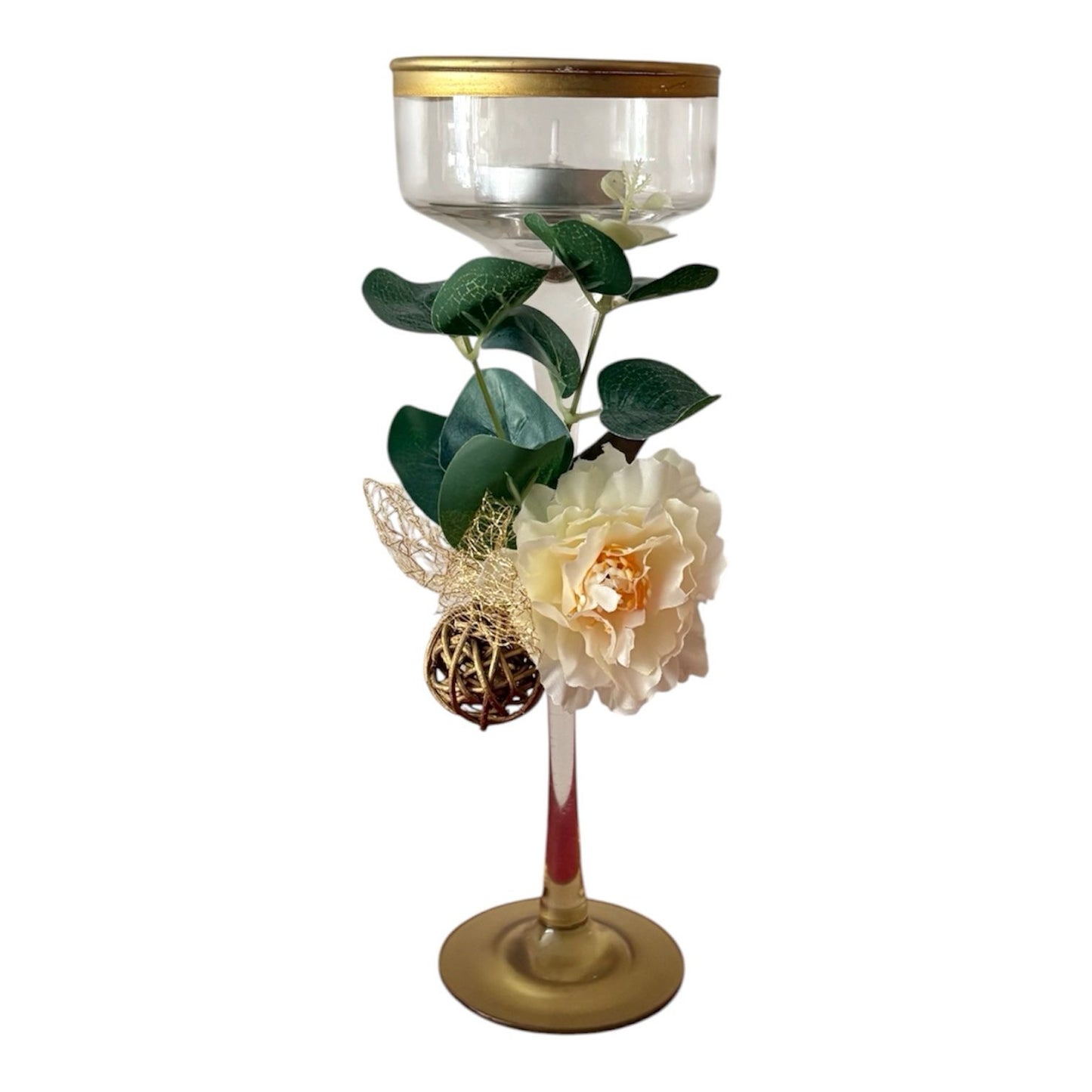 Glazen theelicht houder met decoratieve versieringen