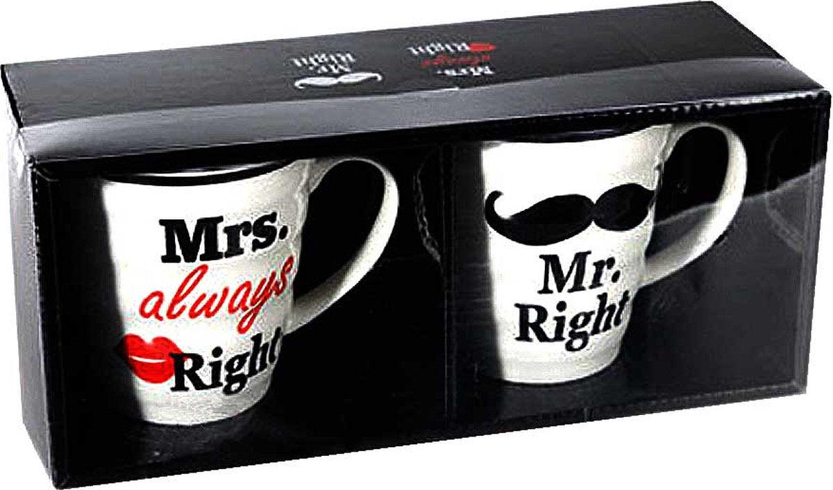 Koffiebeker set - Mr Right en Mrs Always Right - koffiemok - Huwelijk/Bruiloft/Valentijnsdag- cadeautje Mr. & Mrs. Right bekers - Beker - 2 Stuks