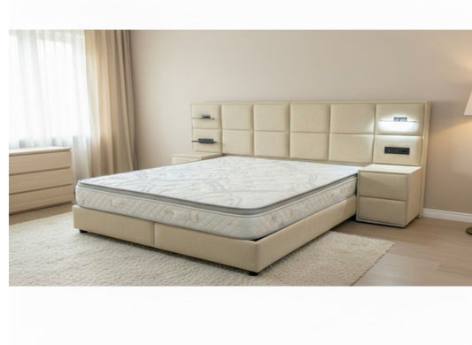 2 personen bed 180X200CM MET OPBERGRUIMTE + MATRAS + 2 NACHTKASTEN  VERLICHTING + USB AANSLUITING BOUCLE CREME STOF