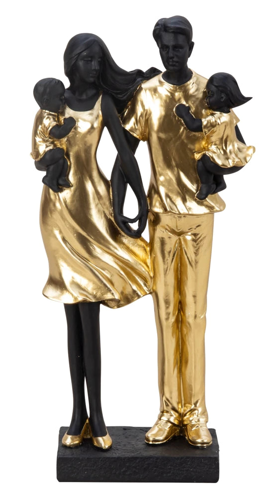 Sculptuur Koppel Met 2 Kinderen – Polyresin – Goud/Zwart – 14×29,5cm