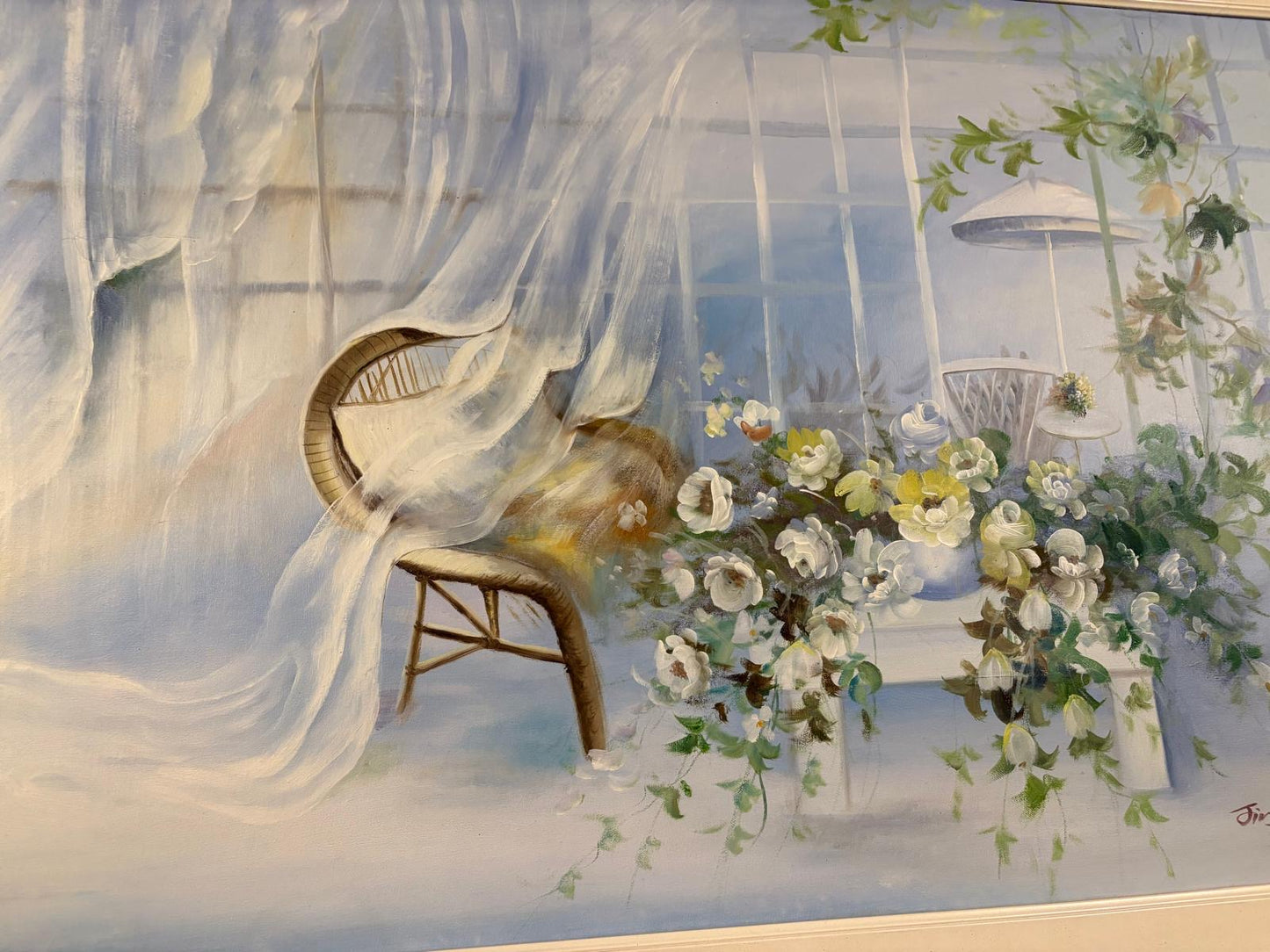 Olieverfschilderij met bloemen en stoel geschilderd door “Tim Daly”