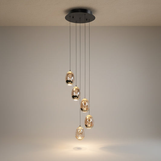 Hanglamp Golden Egg –  Ø35 cm Zwart met Amber Bubbelglas