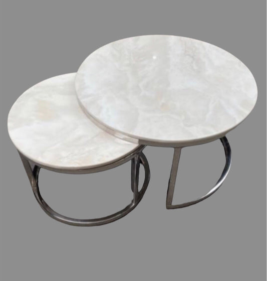 Wit/wit marmeren salontafel 2-delig/inschuifbaar goud rond