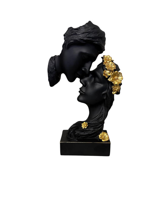 Sculptuur Zwart met Goud, Kussende Koppel, Verliefde Koppel, met Goudkleurige Bloemen