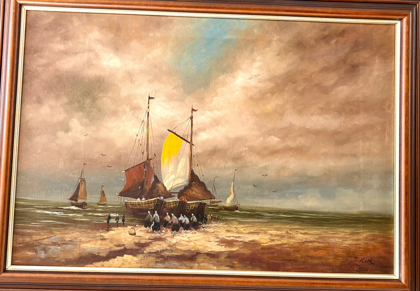 Schilderij van vissersboten op het strand J.KOK