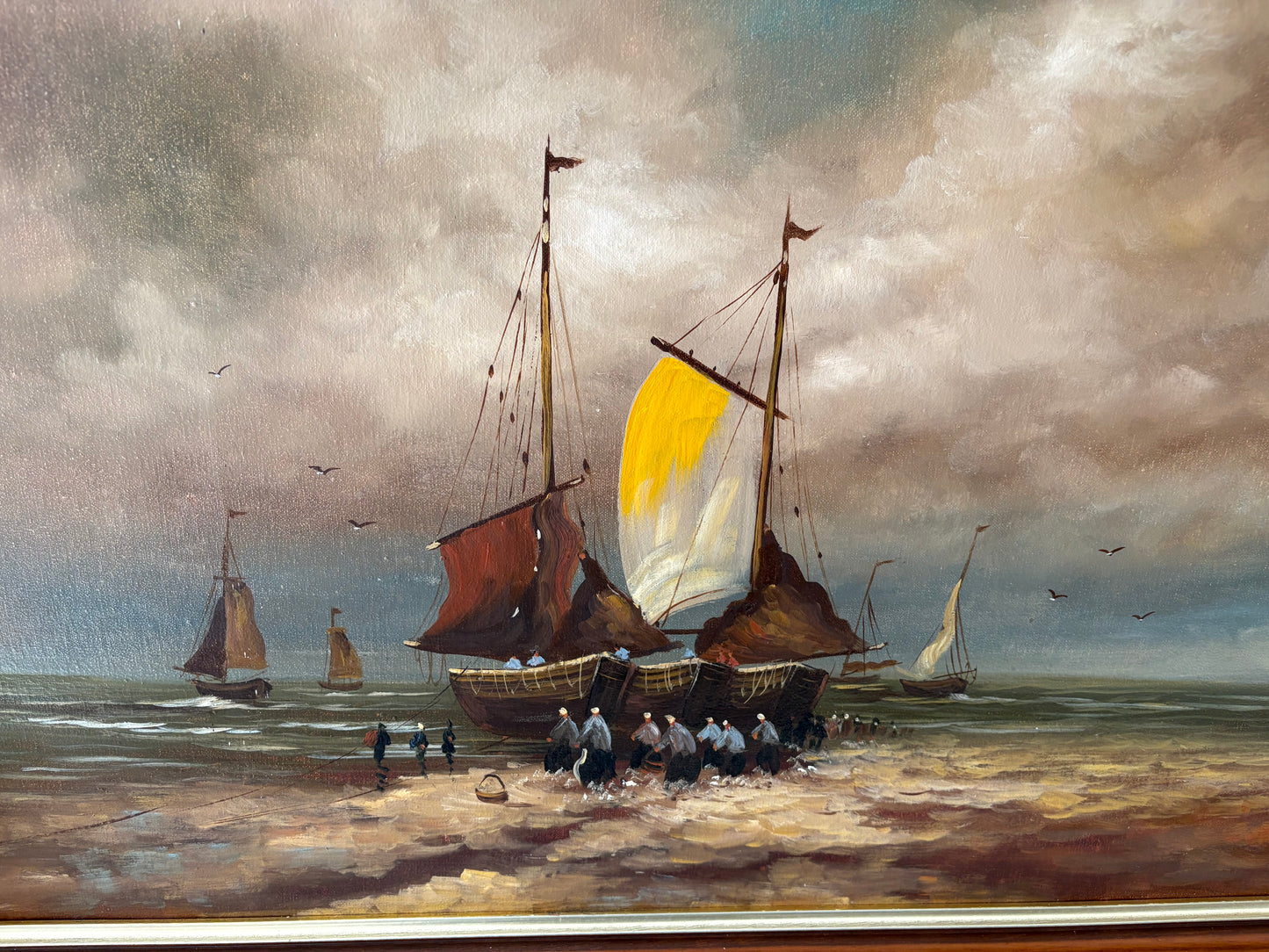 Schilderij van vissersboten op het strand J.KOK