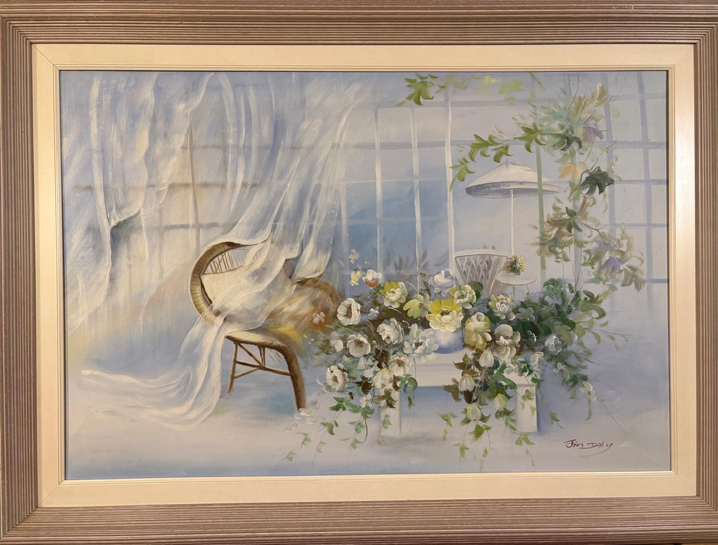Olieverfschilderij met bloemen en stoel geschilderd door “Tim Daly”