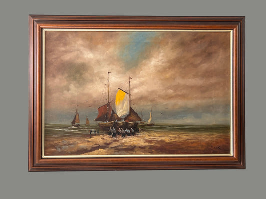 Schilderij van vissersboten op het strand J.KOK