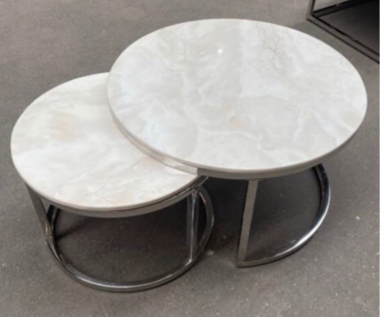 Wit/wit marmeren salontafel 2-delig/inschuifbaar zilver rond Ø80/60cm