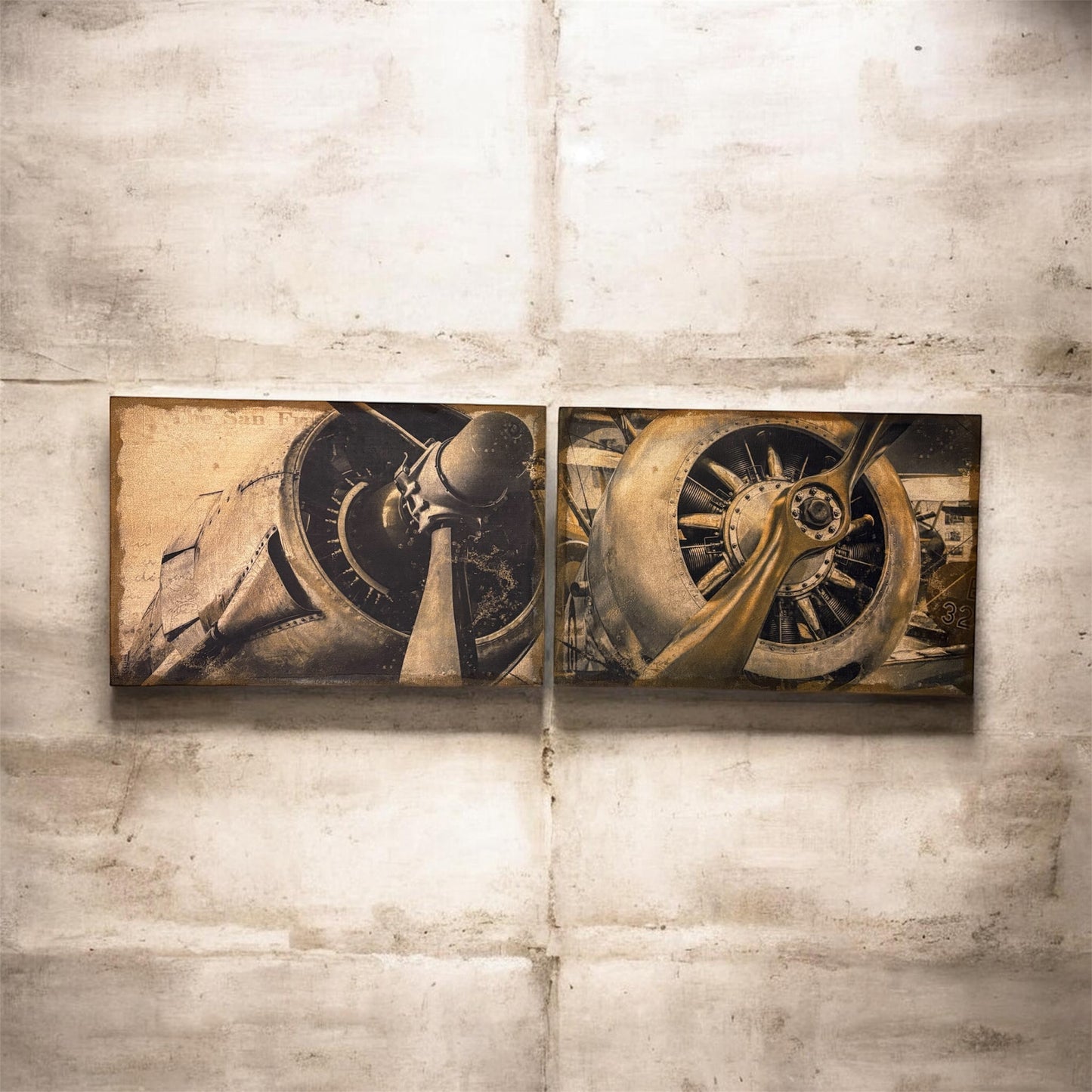 2 vintage vliegtuigen propeller kunstwerken in een set