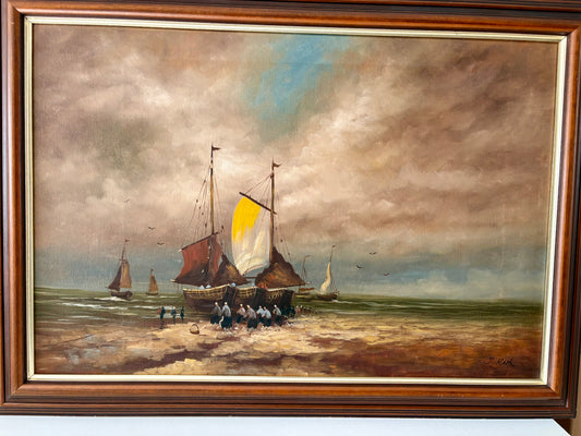 Schilderij van vissersboten op het strand J.KOK