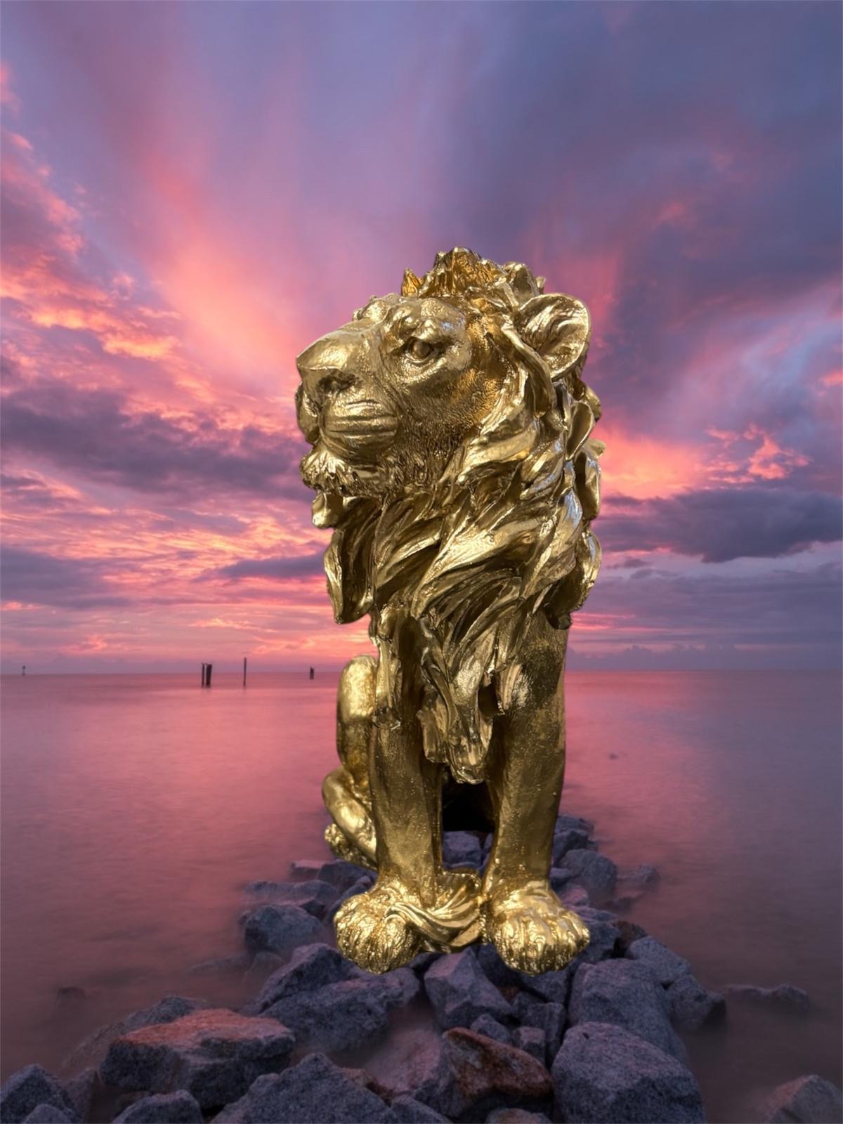 Gouden Leeuw Zittend Standbeeld, Hars Leeuw Leeuw Ewen hars leeuw h31.5, goud Leeuw beeld ornament Leeuw Léon