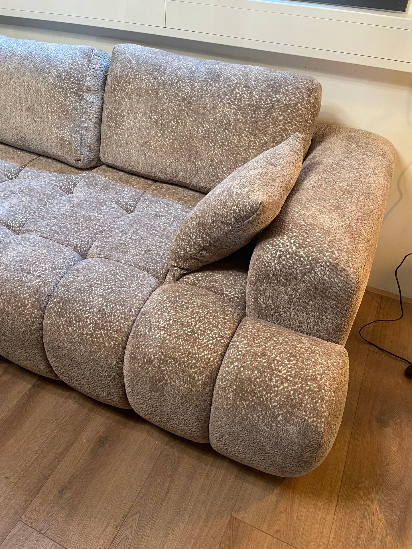Japandi Fluffy Hoekbank Bouclé grijs– 310 x 195 cm