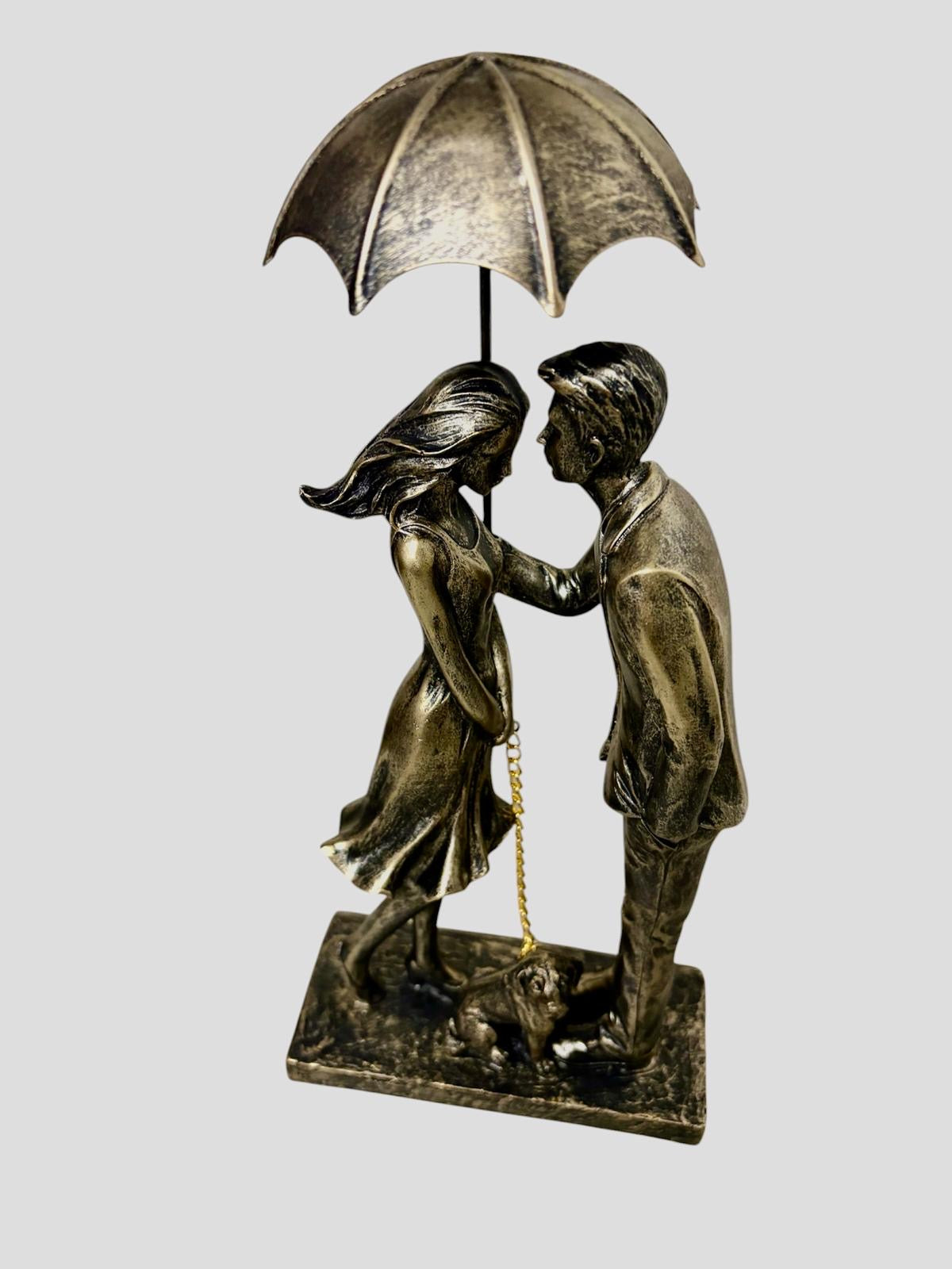 Sculptuur Paar met Hond en Paraplu - Goud en Zwart
