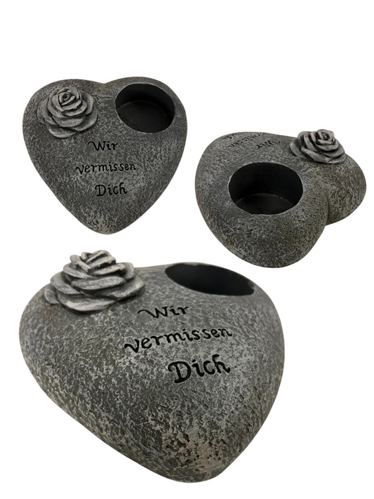 Grafdecoratie hart gris met roos met de tekst we missen je inclusief grafdecoratie grafhart weerbestendige grafdecoratie gedenksteen theelichthouder rouwsteen