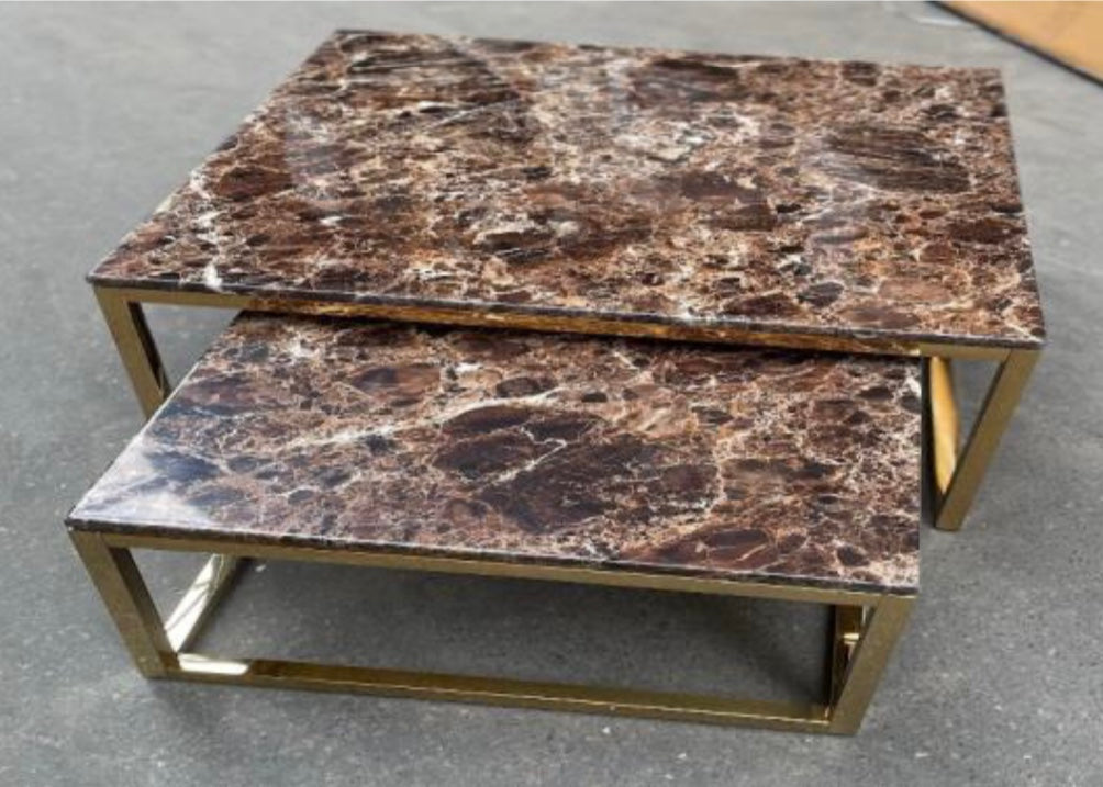 Bruin marmeren salontafel 2-delig/inschuifbaar goud vierkant