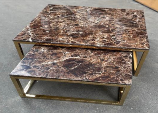 Bruin marmeren salontafel 2-delig/inschuifbaar goud vierkant