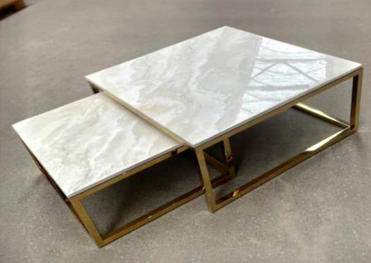 Wit/crème marmeren salontafel 2-delig/inschuifbaar goud vierkant