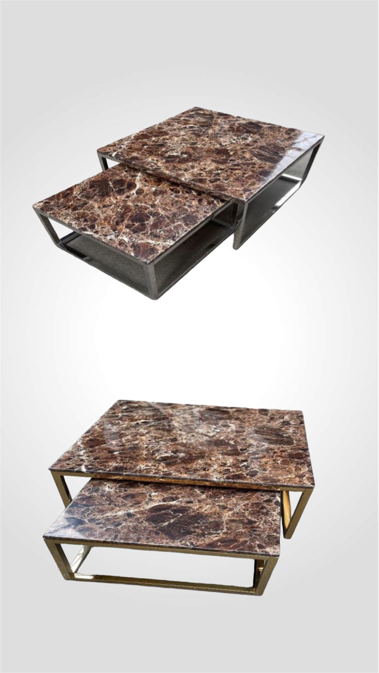 Bruin marmeren salontafel 2-delig/inschuifbaar zilver vierkant