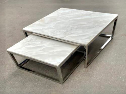 Wit/crème marmeren salontafel 2-delig/inschuifbaar zilver vierkant