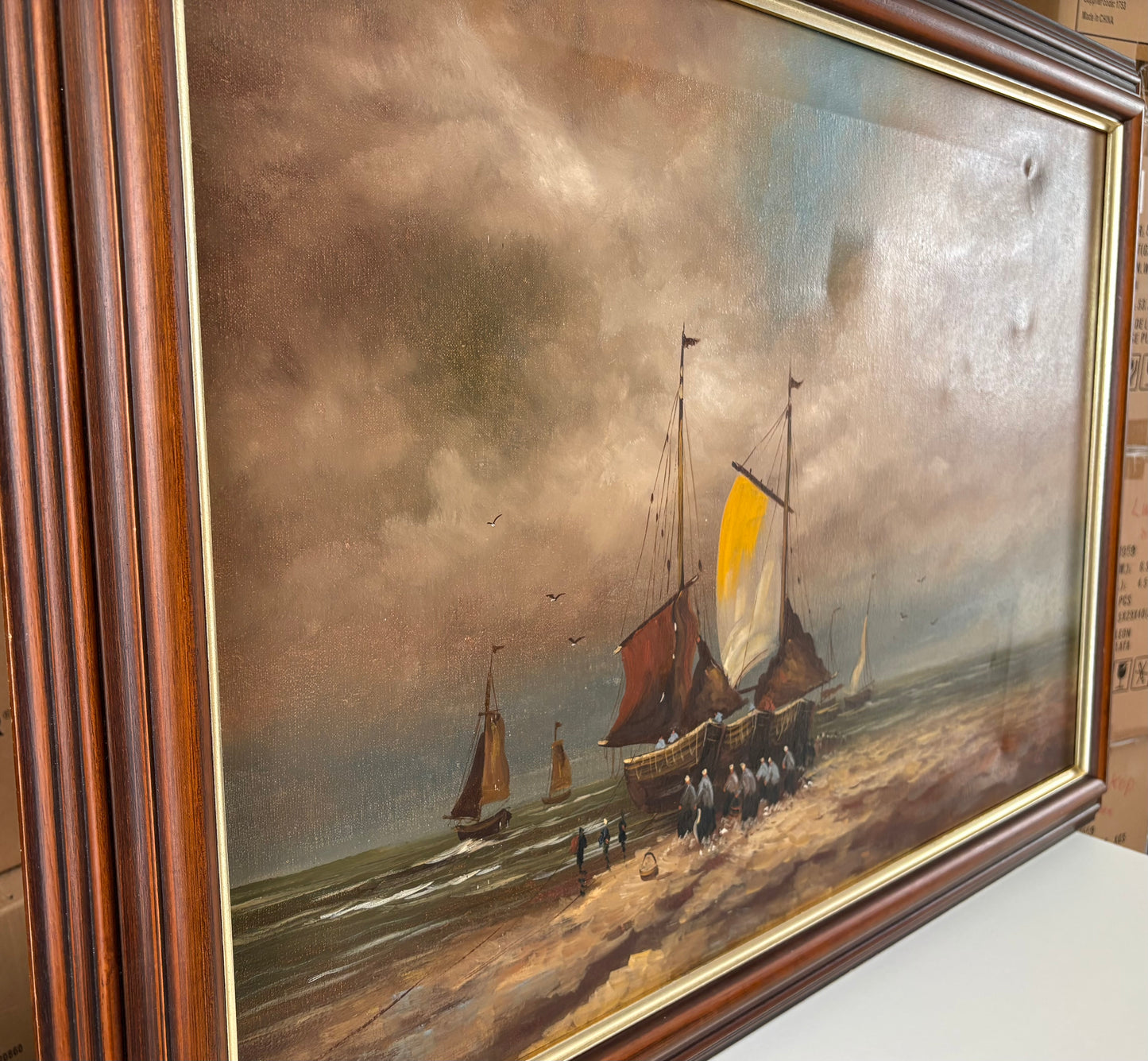 Schilderij van vissersboten op het strand J.KOK