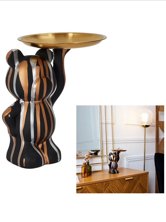 Beer met dienblad/sleutelschaal Decoratie zwart goud - Dienblad Decoratie - Voor Woonkamer & Entree - Voor Bureau & Kantoor - Modern Woondecoratiebeerbeeld met dienblad - beer opslag decoratie - sleutelschaal voor in de hal - snoepschaal voor bureau