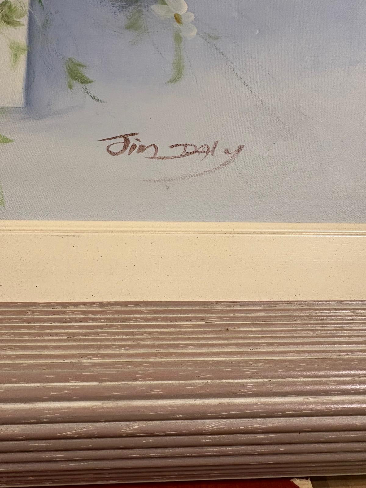 Olieverfschilderij met bloemen en stoel geschilderd door “Tim Daly”