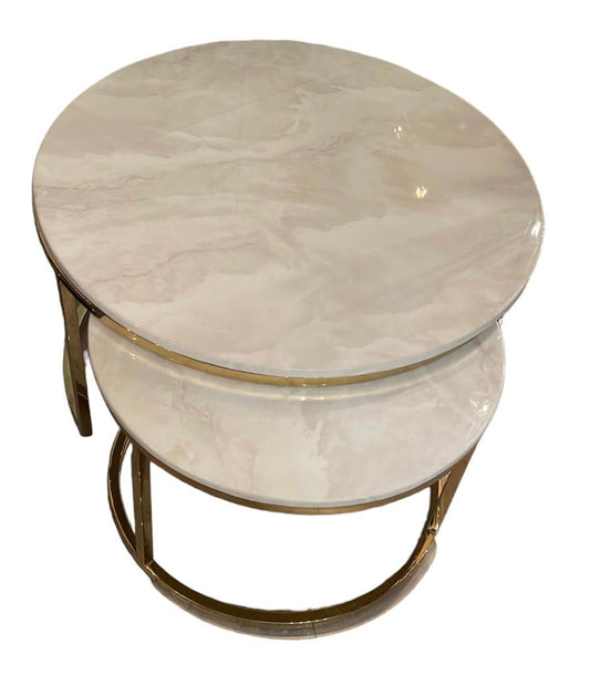 Marmeren salontafel inschuifbaar/wit/crème/zilver rond